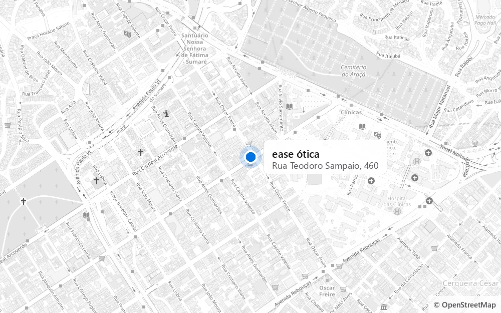 Mapa da quadra com a ease ótica marcada na Rua Teodoro Sampaio, 460, em Pinheiros.