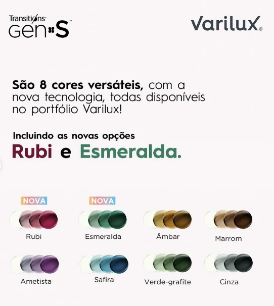 As oito cores da Transitions Gen S disponíveis no portfólio Varilux